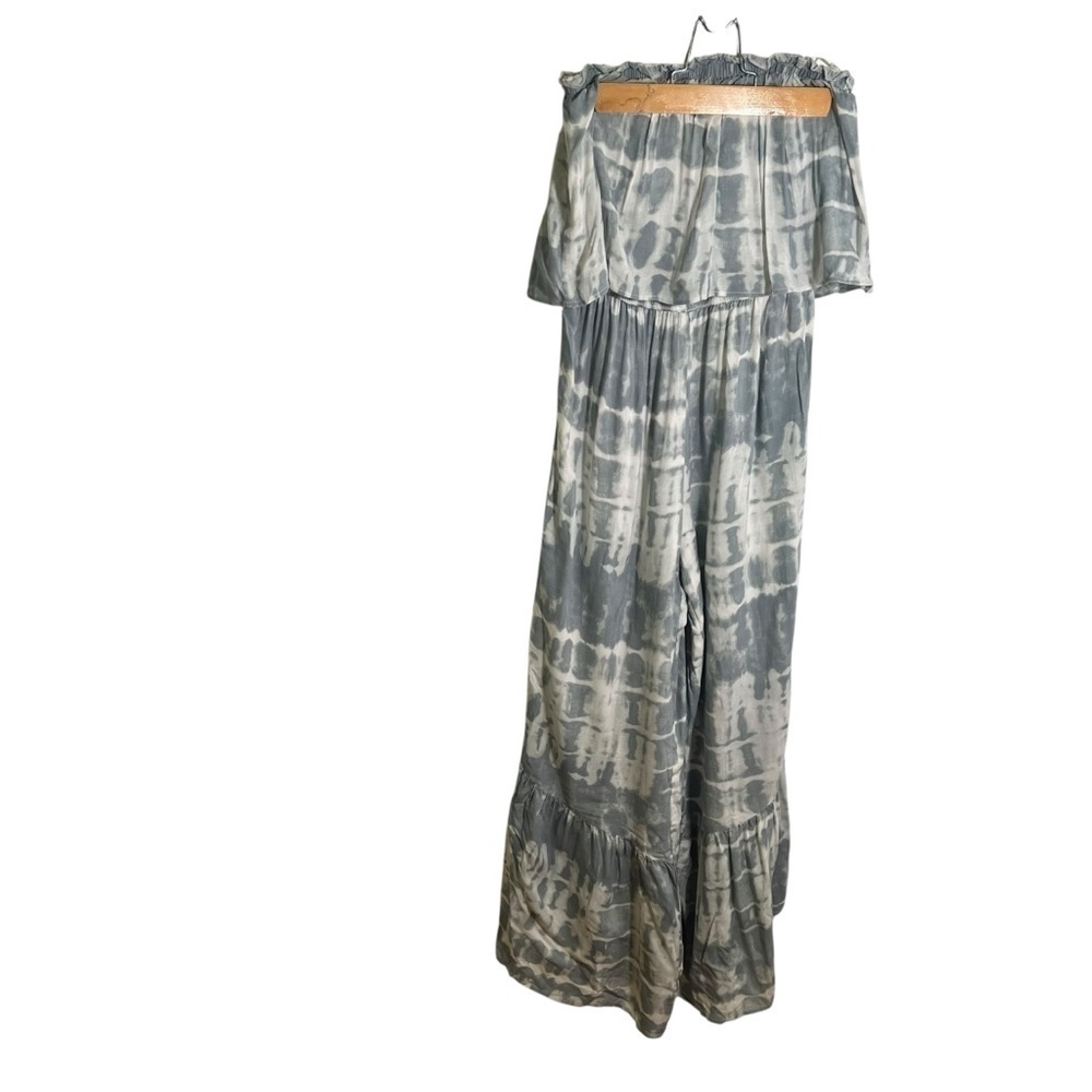 Japna Women's Sz Small Strapless Jumpsuit Light Blue Gray Tie Dye Smocked Ruffle